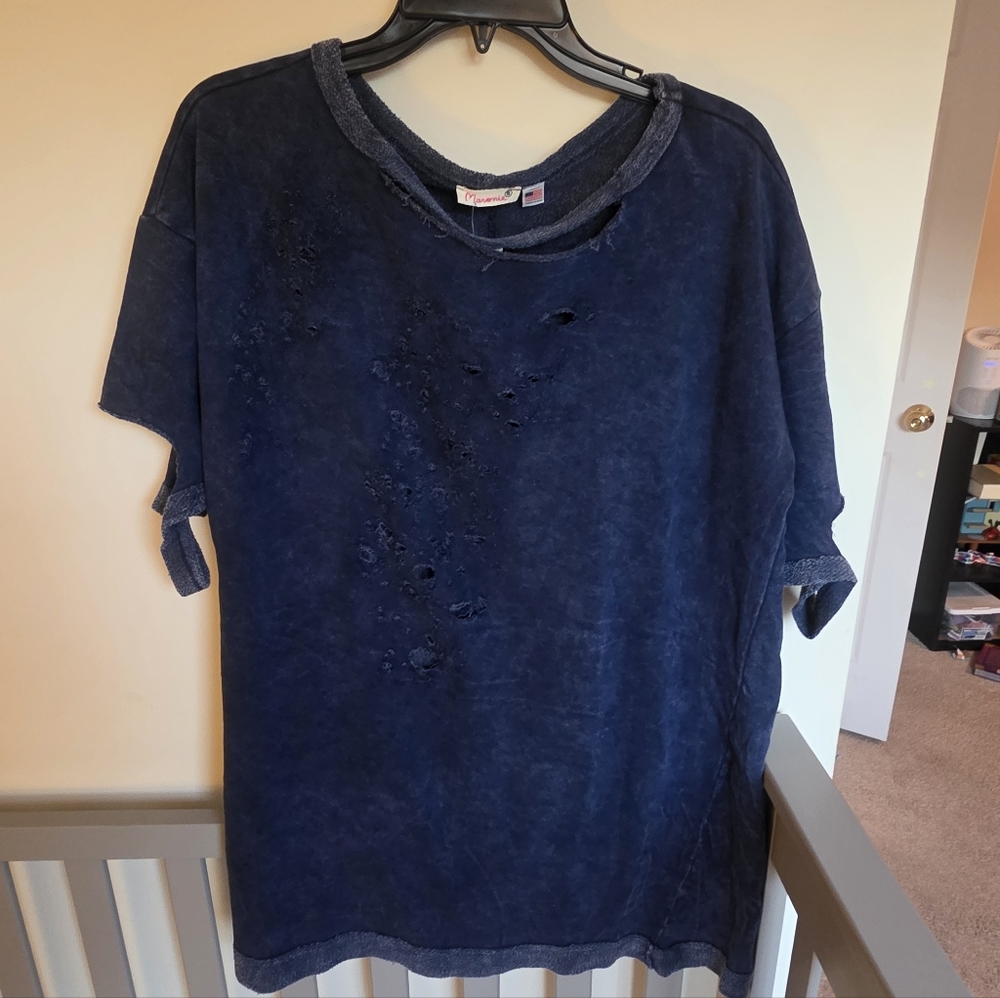 Anthropologie Maronie Distressed Blue Terrycloth Grunge T-Shirt Size Small